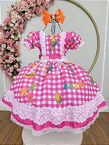Vestido Infantil Junino Caipira Xadrez Rosa Chiclete Luxo