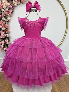 Vestido Infantil Pink Busto Strass Saia Babados Daminhas