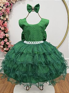 Vestido Infantil Verde Saia Babados e Glitter Daminha