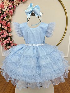 Vestido Infantil Azul Claro Saia Babados e Glitter Daminhas