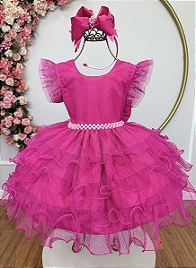 Vestido Infantil Pìnk Saia Babados e Glitter Daminhas