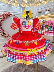 Vestido Infantil Junino Caipira Festas Vermelho Colorido Luxo