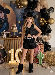 Conjunto Blogueirinha Boiadeira Estrelada Preto Country Festas