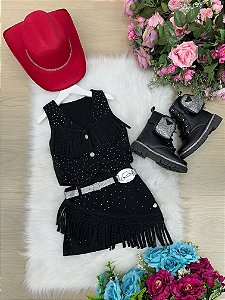 Conjunto Boiadeira Jeans Preto Country Festas