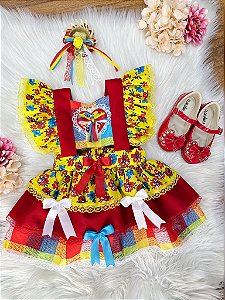 Romper Junino Amarelo Colorido Com Laço de Chapéuzinho