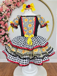 Vestido Infantil Junino Arraiá Preto Xadrez Girassol Babados