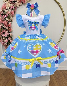 Vestido Infantil Junino Festas Azul Coração Colorido