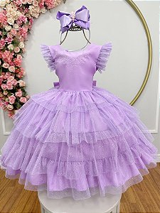 Vestido Infantil Lilás Busto Strass Saia Babados Daminhas