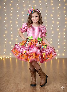 Vestido Infantil Junino Caipira Xadrez Rosa Flores Coloridas