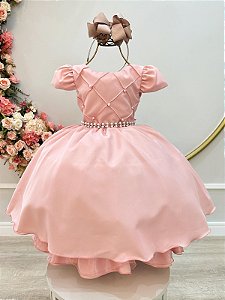 Vestido Infantil Rosa Chá Busto Nervura Cinto de Pérolas
