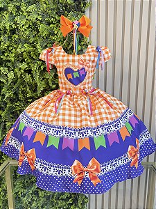 Vestido Infantil Junino Caipira Arraiá Xadrez Laranja