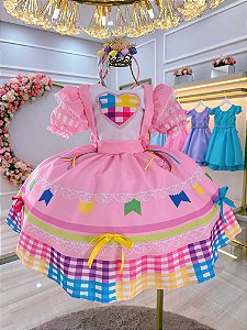 Vestido Infantil Junino Caipira Festas Rosa Colorido Luxo