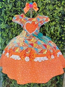Vestido Infantil Junino Caipira São João Colorido Laranja