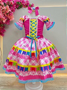 Vestido Infantil Junino Caipira Pink Saia Xadrex Colorido