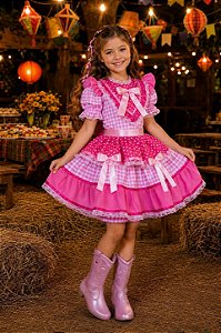 Fantasia Infantil Junino Rosa Estampa Coraçõezinhos Festas