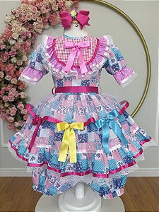 Vestido Infantil Junino Arraiá Rosa Com Florzinhas Colorida