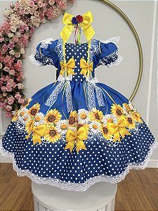 Vestido Infantil Junino Caipira Festas Azul Colorido Florido