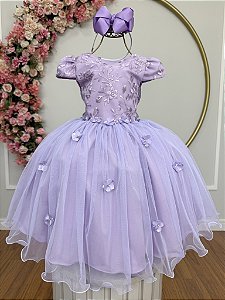 Vestido Infantil Jardim Encantado Com Renda Lilás Festas