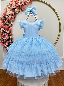 Vestido Infantil Azul Claro Busto Strass Saia Babados Daminhas