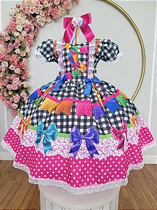 Vestido Infantil Junino Caipira Arraiá Preto Xadrez Colorido