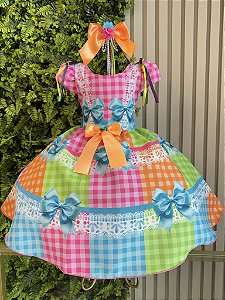 Vestido Infantil Junino Caipira Arraiá Rosa Colorido