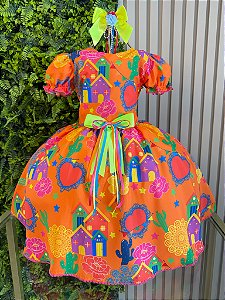 Vestido Infantil Junino Arraiá Cor Laranja Festa São João