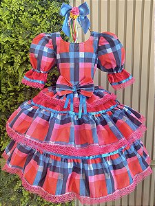 Vestido Infantil Junino Caipira Arraiá Vermelho Xadrez Colorido
