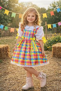 Conjunto Junino Meninas Blusa Branca Com Saia Xadrez Colorida