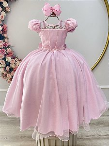 Vestido Infantil Longo Rosa Busto Renda e Bordado Damas Luxo