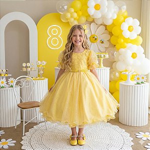 Vestido Infantil Festa Luxo Tule Glitter Amarelo