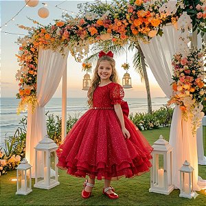 Vestido Infantil Festa Luxo Tule Glitter Vermelho