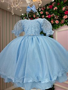 Vestido Infantil Festa Luxo Tule Glitter Azul Bebe