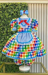 Vestido Infantil Junino Caipira Festas Xadrez Azul Colorido Festas