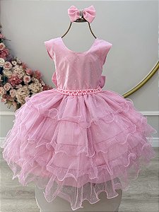 Vestido Infantil Rosa Saia Babados e Glitter Daminha