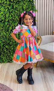 Conjunto Junino Meninas Blusa Branca Saia Xadrez Colorida