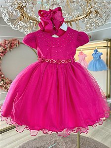 Vestido Infantil Rosa Busto Com Pérolas Batizados