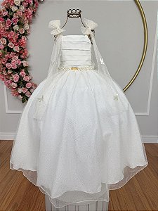 Vestido Infantil Longo Off White Aplique Borboletas Festas