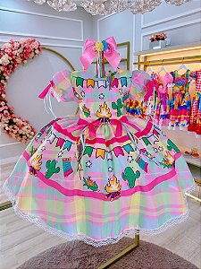 Vestido Infantil Junino Quadrilha de São João Colorido Luxo