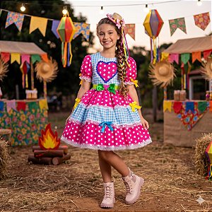 Vestido Junino Infantil Luxo Quadrilha Caipira Pink e Azul Festa Junina