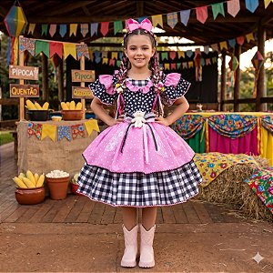 Vestido Junino Luxo Ursinho do Sertão Mimosa Preto