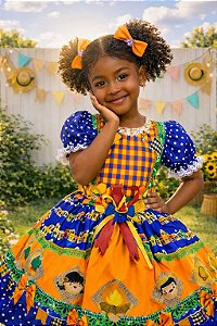 Vestido Infantil Junino Festa de São João Azul Royal