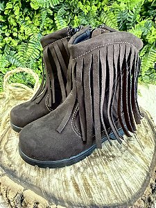 Bota Infantil Marrom Café Boiadeira Cowgirl Franjas Camurça