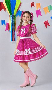 Vestido Junino Infantil Azul Pink Xadrez com Corações e Renda