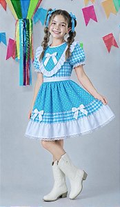 Vestido Junino Infantil Azul Turquesa Xadrez com Corações e Renda
