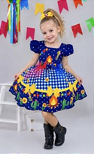 Vestido Infantil Junino Azul Xadrez Colorido Festa São João