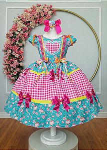 Vestido Infantil Junino Caipira Arraiá Verde e Xadrez Rosa