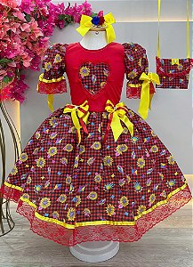 Vestido Infantil Junino Vermelho Xadrez Colorido Girassol com Bolsinha