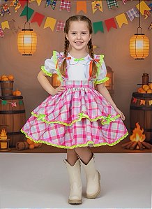Conjunto Infantil Junino Salopete Xadrez Rosa Verde