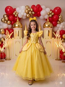 Fantasia Vestido Princesas Longo Infantil Amarelo Festa Luxo