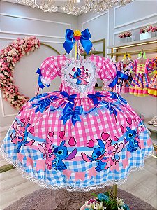 Vestido Infantil Lilo Stitch e Angel Xadrez Rosa Festas
